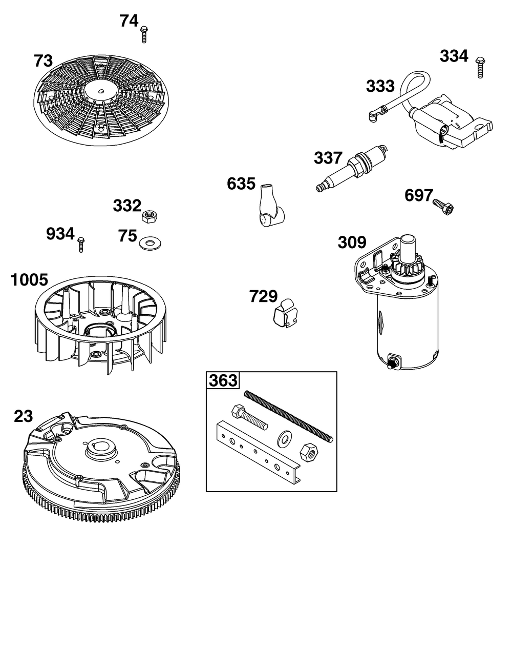 Flywheel, Ignition, And Starter Group Diagram and Parts List for 44N677-0060-G1 400000 - 699999 Briggs and Stratton Engine